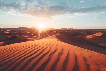 Wall Mural - A mesmerizing desert scene with sand dunes and the setting sun creating beautiful shadows and lens flares 