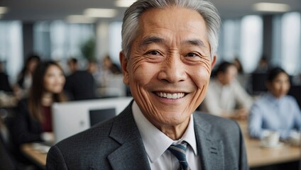 Elderly Asian man in a suit, office background, cheerful smile, confident demeanor, professional attire, close-up portrait, gray hair, indoor setting, friendly expression.