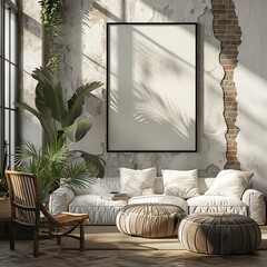 Wall Mural - Frame mockup, single vertical ISO A paper size, reflective glass, mockup poster on the wall of living room. Interior mockup. Apartment background. Modern interior design. 3D, Generative AI