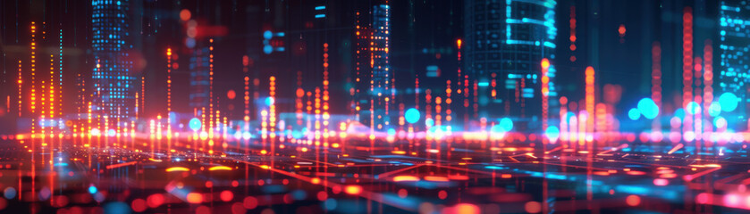 Poster - A vibrant digital landscape with glowing data points and futuristic cityscape elements, showcasing advanced technologies and cyber connectivity.