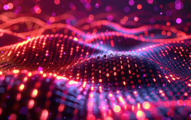 Poster - Abstract futuristic digital landscape with binary code overlay, glowing lights and bokeh effect. Concept of technology, data network, and virtual reality.