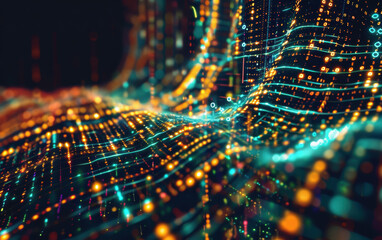 Poster - Abstract digital wave with neon lights and data points, representing technology, big data, and futuristic concepts. Perfect for tech backgrounds.