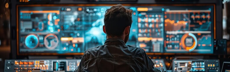 Wall Mural - back view, a man is seen using a multi screen computer setup in a contemporary office. The screens show various global business applications and data analytics