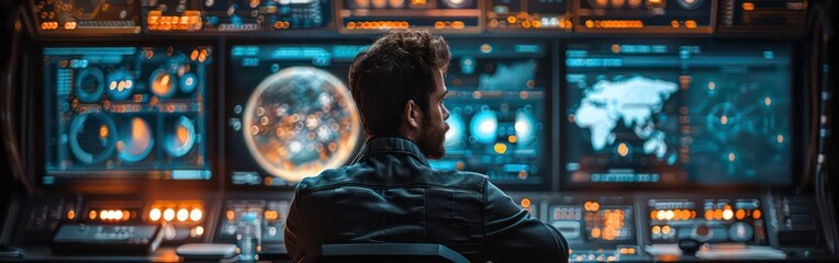 Wall Mural - back view, a man is seen using a multi screen computer setup in a contemporary office. The screens show various global business applications and data analytics