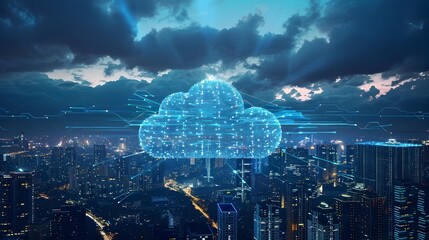Poster - abstract cloud network overlay illuminating a futuristic cityscape symbolizing global data flow and 