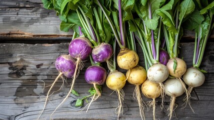 Wall Mural - Fresh Turnips on Wooden Background