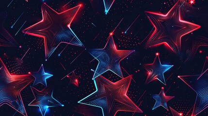 Wall Mural - This seamless pattern showcases stars in a neon punk style with a vivid color palette of red and blue. The stars appear to glow against a dark digital background, giving the design a futuristic and