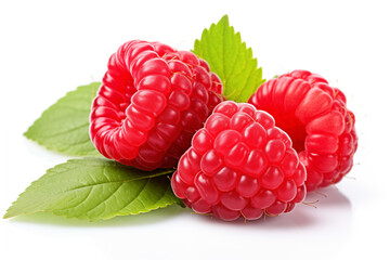 Wall Mural - Ripe raspberries with leaf isolated on a white background