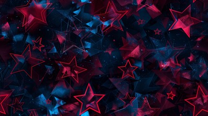 Wall Mural - A seamless pattern of stars in a neon punk style, rendered in vivid red and blue. The stars glow brightly against a dark, digital background, creating a striking and energetic visual effect. The