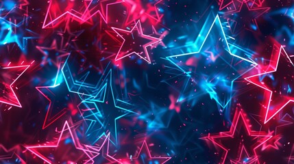 Wall Mural - A vibrant digital art background showcasing a seamless pattern of neon punk stars in red and blue. The stars are arranged dynamically, with glowing lines and digital textures adding depth and energy.