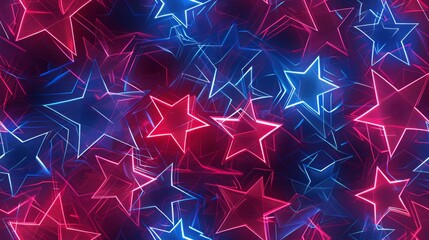 Wall Mural - A vibrant digital art background showcasing a seamless pattern of neon punk stars in red and blue. The stars are arranged dynamically, with glowing lines and digital textures adding depth and energy.