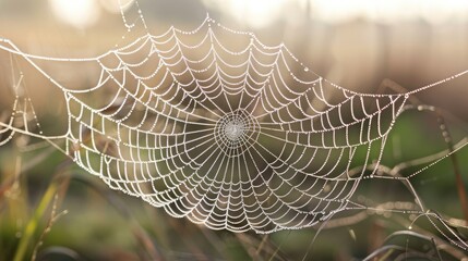 A spider web covered in morning dew, showcasing intricate design and patience.