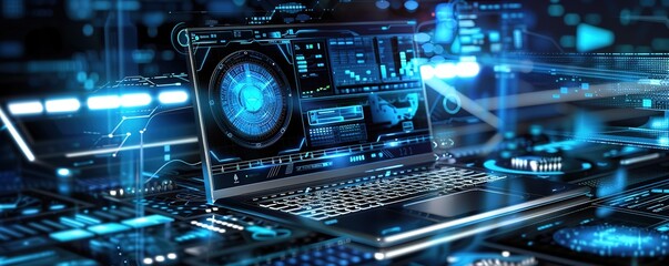 Poster - futuristic tech interface with digital elements on blue backdrop