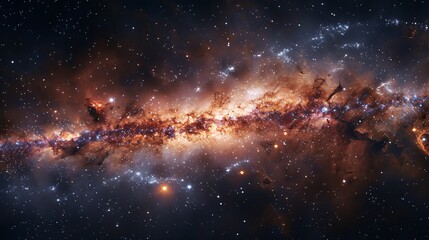 A visually striking depiction of the Milky Way galaxy surrounded by nebulae