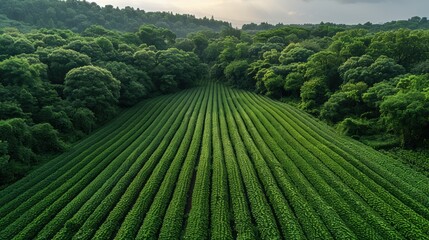 A lush, well-maintained green farm field with rows of crops, bordered by dense, vibrant forest under a cloudy sky.