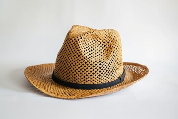 Wall Mural - Straw fedora hat isolated on a white background beach hat front view summer hat