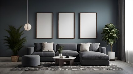 Modern luxury interior designs. Empty painted wall for mockup. accent furniture and a blank background. mockup wall, three vertical empty frames on the wall, interior mockup, mockup, PSD mockup