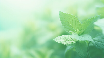 Wall Mural - mint leaves close-up, delicate green background postcard