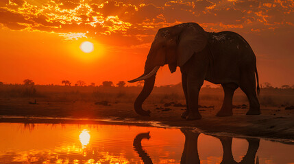 Wall Mural - African elephant by waterhole at sunset