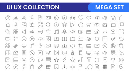 UI UX line icon set. Vector linear UI UX icons for web design and application. UI and UX big bold line icons kit. UI and UX linear vector icon set for user interface designs.