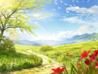 Wall Mural - A Sunny Springtime Illustration with a Winding Path Through a Lush Meadow