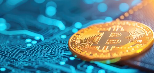 Poster - Futuristic Digital Wallet with Bitcoin Cryptocurrency Symbols, Conceptual Illustration in Modern Earnings Landscape