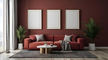 Modern luxury interior designs. Empty painted wall for mockup. accent furniture and a blank background. mockup wall, three vertical empty frames on the wall, interior mockup, mockup, PSD mockup