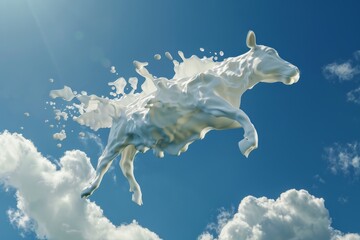  Shape of cow made of milk hovering on a deep blue sky background - 3d render