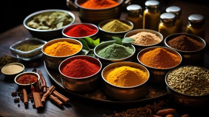 Sticker - a tray of spices including spices and herbs.