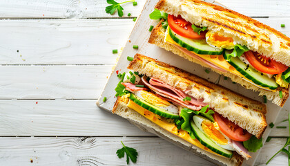 Wall Mural - Club sandwich with cheese, cucumber, tomato, ham and eggs on white wooden table. Top view