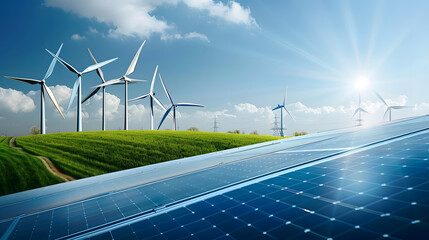 Wall Mural - renewable energy banner background with green energy as wind turbines and solar panels