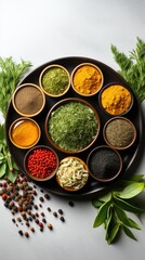 Canvas Print - a tray of food including a bowl of red food with spices and herbs.