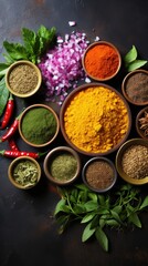 Poster - a tray of food including a bowl of red food with spices and herbs.