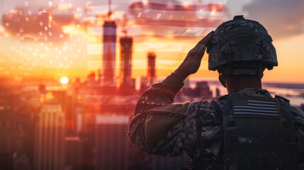 Portrait of an active duty army soldier saluting in a special uniform. Rear view of a military man looking at a sunset cityscape. Protection concept.