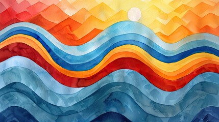 Colorful abstract watercolor painting of waves and sunrise with vibrant shades of blue, red, orange, and yellow.