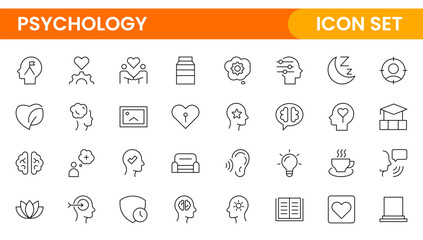 Wall Mural - Psychology and mental line icons collection. Big UI icon set in a flat design. Thin outline icons pack.Set of positive thinking icon.be loved, healthy lifestyle, happiness, positive mindset.