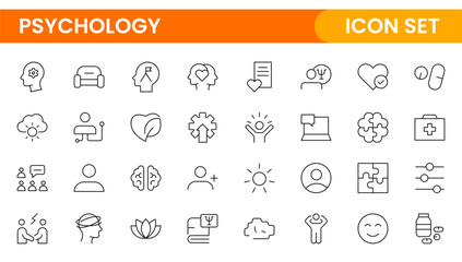 Wall Mural - Psychology and mental line icons collection. Big UI icon set in a flat design. Thin outline icons pack.Set of positive thinking icon.be loved, healthy lifestyle, happiness, positive mindset.