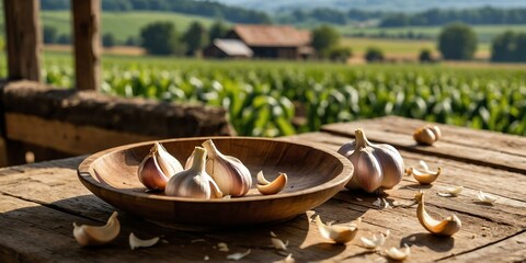 rustic wooden table with a wooden plate filled with fr background