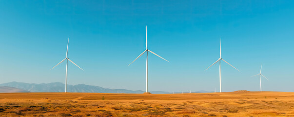 large wind turbines generate renewable energy on a wind farm in the desert