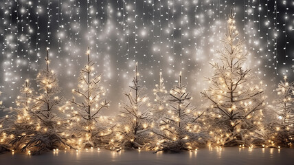 Canvas Print - decorated wall Christmas glowing festive winter background, small gold and lights garlands on the background