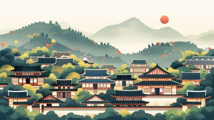 Wall Mural - Traditional Asian Village Landscape