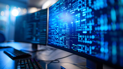 Poster - High-tech workspace with dual monitors displaying blue binary code