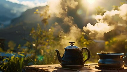 Wall Mural - A hot pot of freshly brewed coffee with the steam rising and blending with the crisp mountain air.