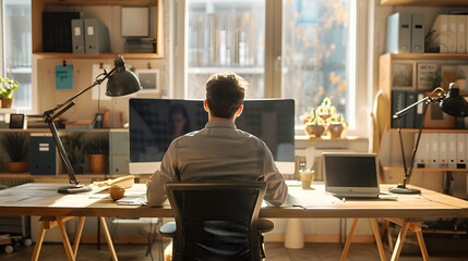 Poster - Focused professional working at a sunlit home office desk