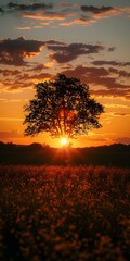 Poster - sunset over a field of flowers