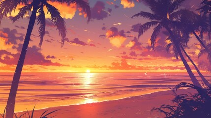 Wall Mural - Stunning Tropical Beach Sunset with Palm Trees and Colorful Sky