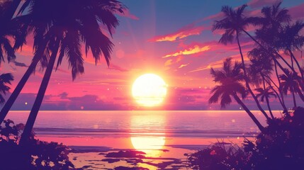 Wall Mural - Tropical Sunset Over Ocean with Palm Trees Silhouetted Against Vibrant Sky