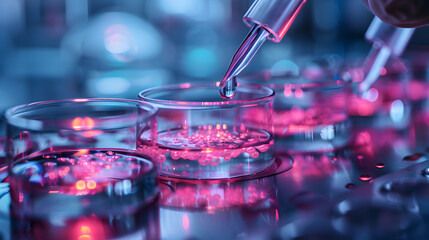 Poster - Vibrant lab scene with pipette adding liquid to petri dishes, glowing pink
