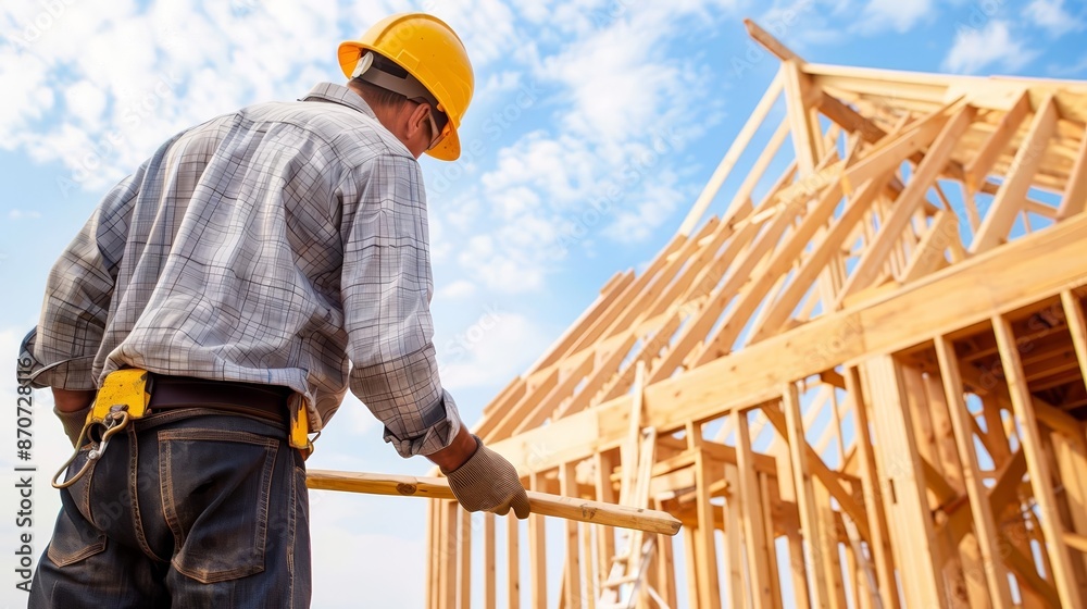 Carpenter framing a house, with beams and structural components ...