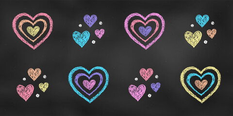 Wall Mural - Realistic Chalk Drawn Sketch. Set of Colorful Design Elements Combinations of Hearts Isolated on Chalkboard Backdrop.